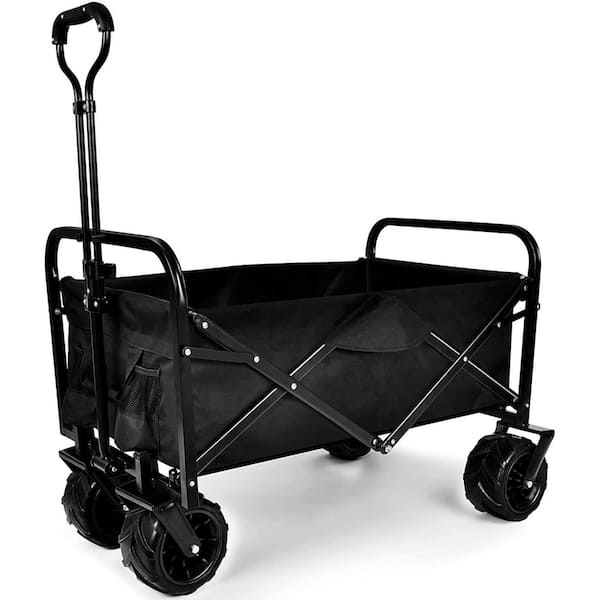 Kahomvis Heavy Duty Folding Portable Steel Cart Wagon in Black with 7 in. Widened All-Terrain Wheels