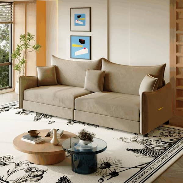 Naomi Modern 81.9 in. Brown Velvet Upholstery King Size Sofa Bed with 3 Pillows, Golden Accent Detail Design, Camel