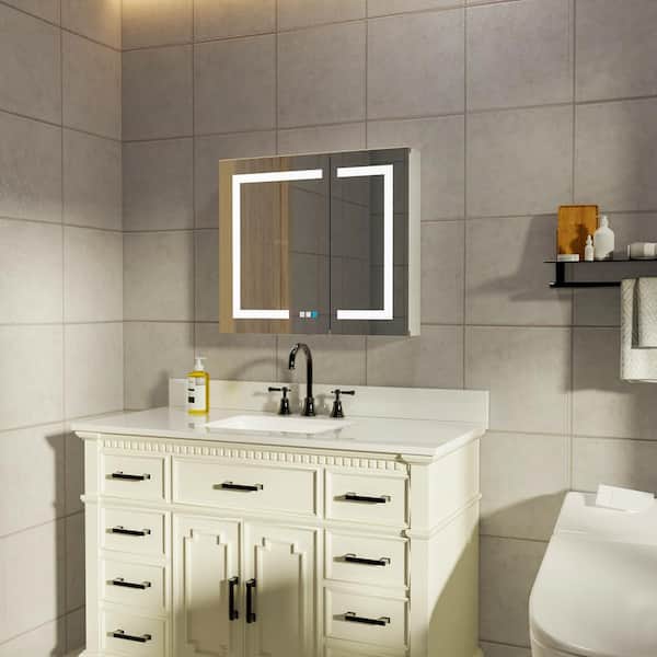 30 in. W x 26 in. H Rectangular Aluminum Medicine Cabinet with Mirror in Silver, LED Lighted, Recessed or Surface