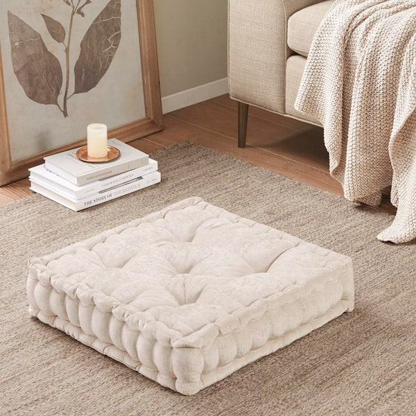 Poly Chenille Square Floor Pillow Cushion Ivory 20 x 20 in.