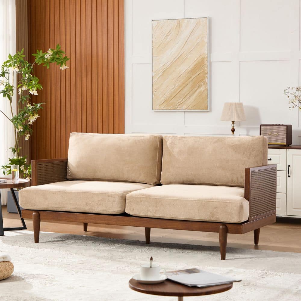 72 in Wide Square Arm Velvet Rectangle 3-Seat Sofa in Nomad with Unique Rattan Weave Arm and Rubber Wood Frame price history on PriceWatchPro