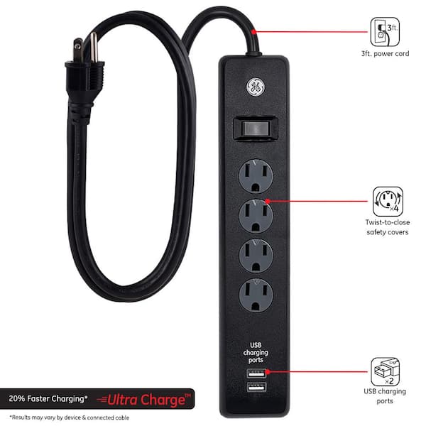 GE 3 ft. Extension Cord 4-Outlet 2-USB Charging Port Surge Protector 36189 - The Home