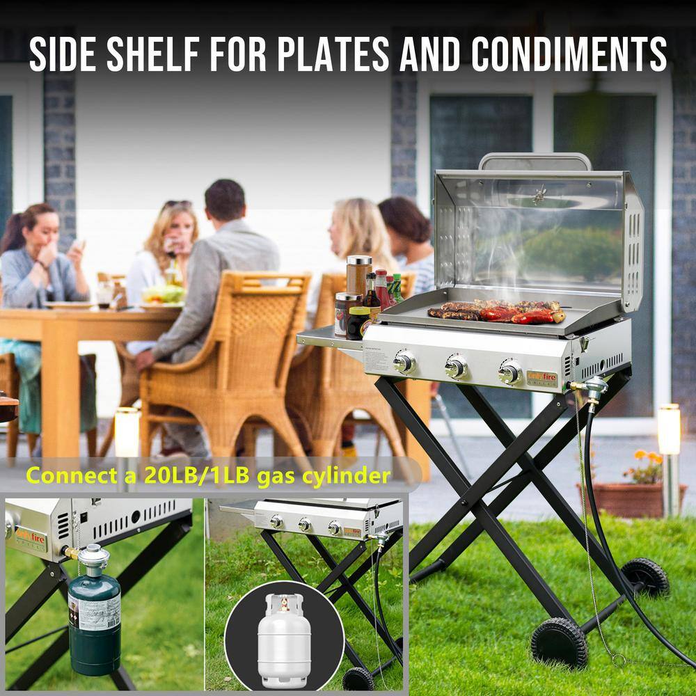 Stainless Steel 3-Burner Portable Propane Gas Grill with Cart