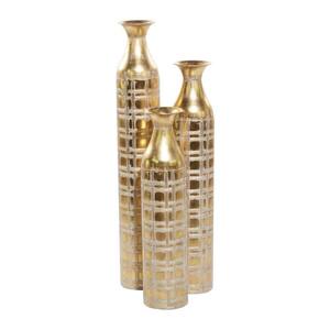 Gold Tall Distressed Metallic Metal Decorative Vase with Etched Grid Patterns (Set of 3)