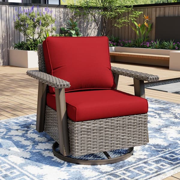 Beige Wicker Frame Outdoor Rocking Chair Patio Swivel Chair Lounge Chair with Red Cushions