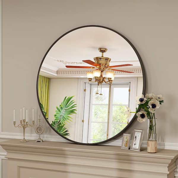 GLSLAND 24.1 in. W x 24.1 in. H Round Metal Framed Wall Bathroom Vanity Mirror Black