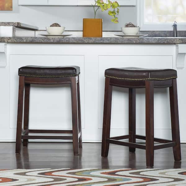 Concord 26.5 in. Brown Backless Wood Counter Stool with Brown Faux Leather Seat Set of 2