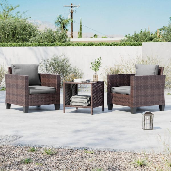 3-Piece Brown Wicker Patio Bistro Set Outdoor Single Sofa Set with Side Table for Outdoor Lawn, Gray Cushions