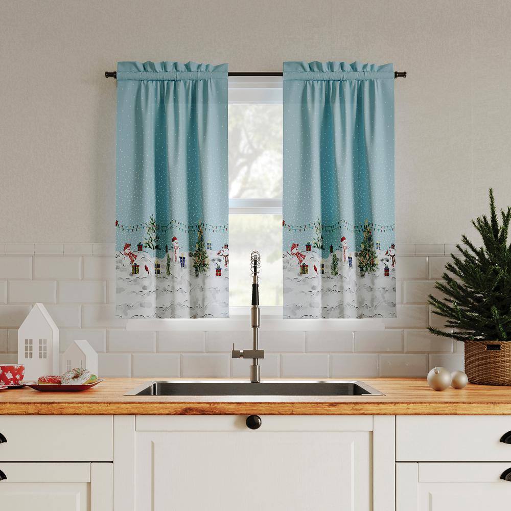 Blue Semi-Sheer Holiday Rod Pocket Kitchen Curtains, 54" x 24"