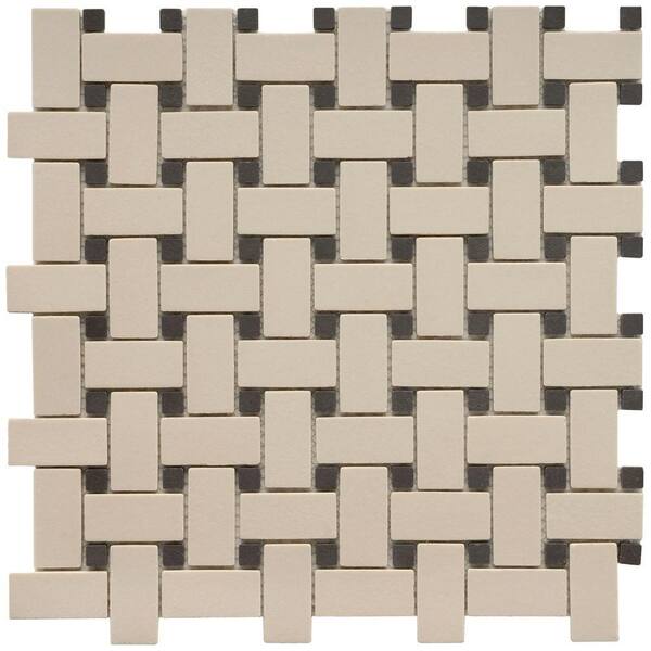 Merola Tile Old World Basket Weave Antique Whiteand\Black 12 in. x 12 in. Unglazed Porcelain Mosaic Floor and Wall Tile-DISCONTINUED