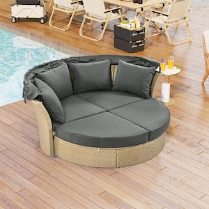Wicker Outdoor Day Bed, Double Daybed Round Sofa Furniture Set with Retractable Canopy with Cushions, 4-Pillows, Gray