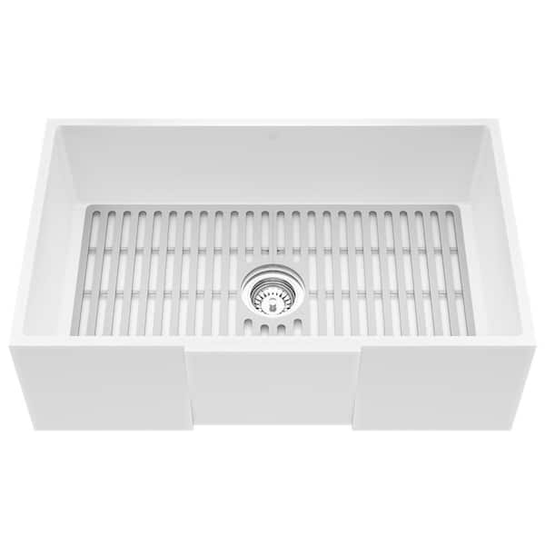 Matte Stone White Composite 30 in. Single Bowl Farmhouse Apron-Front Kitchen Sink with Strainer and Silicone Grid