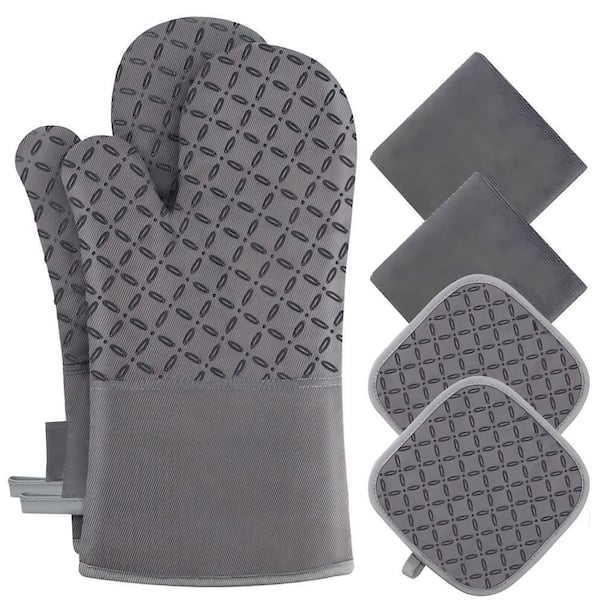 Gray 500°F Heat Resistant Non-Slip Silicone Cotton Pizza Oven Mitts, Pot Holders & Towels 6-Piece Set with Hanging Loops