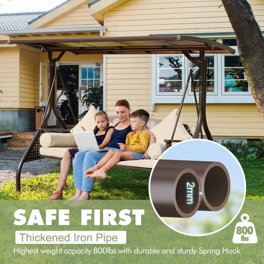 Beige Cushioned 3-Person Steel Porch Swing with Adjustable Canopy