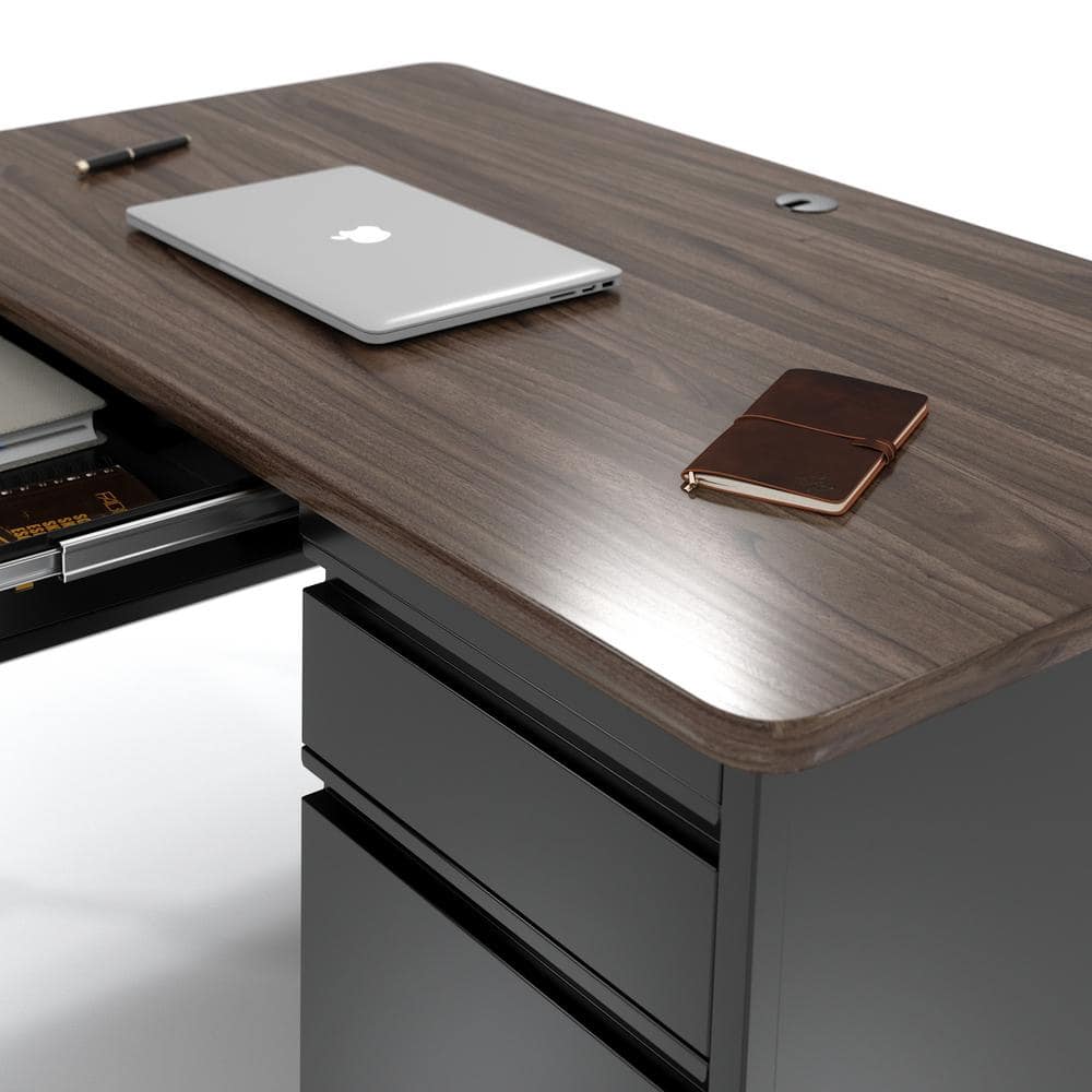 Walnut and Black Corner Desk with Drawer and Filing Cabinet