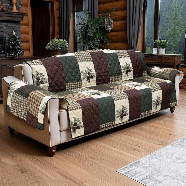 Pine Panels Green and Brown Polyester 1-Piece Oversized Sofa Furniture Slipcover