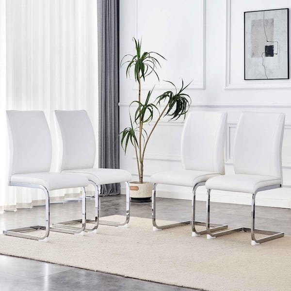 Polibi White/Silver PU Leather Metal Frame Dining Chairs Set of 4