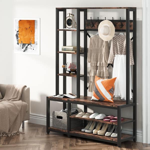 Billie Rustic Brown Wood Hall Tree with Side Storage Shelves for Entry