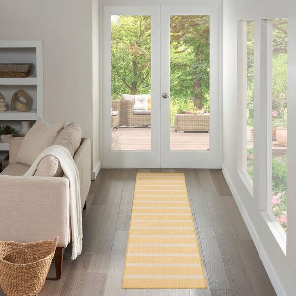 Positano Yellow Ivory 2 ft. x 8 ft. Stripes Contemporary Runner Area Rug