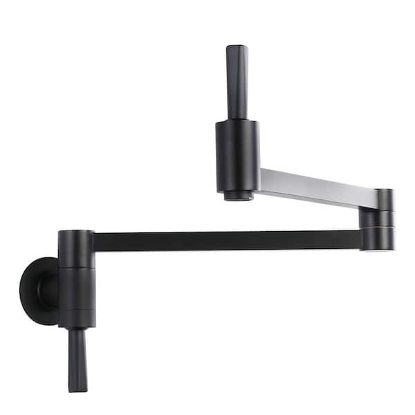 Brass Wall Mount Pot Filler with Double Vertical Handle, 2-Aerators and Swing Arms Kitchen Faucet in Matte Black