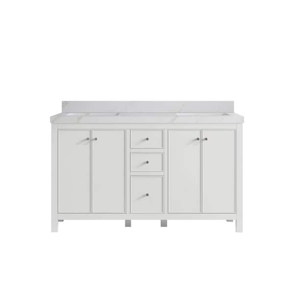 Willow Collections Chicago 60 in. Double Sink Freestanding White Bath Vanity with Calacatta Sienna Qt. Top Unassembled