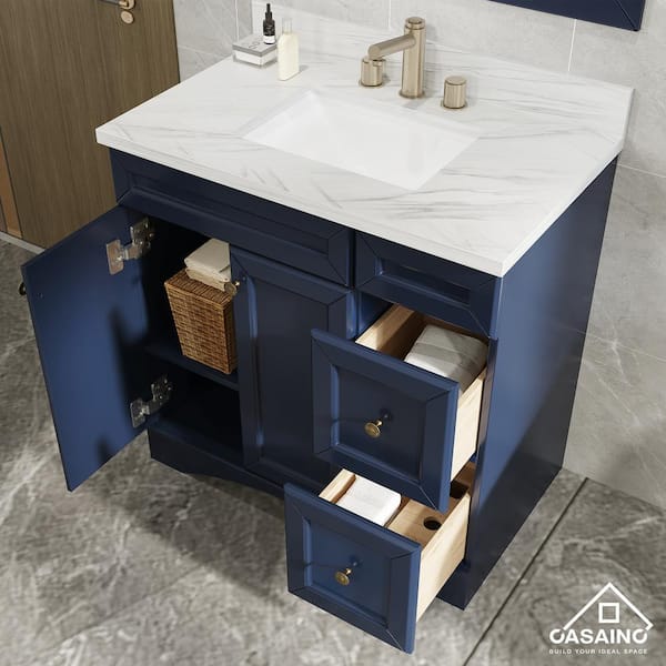 36 in. W x 22 in. D x 35.4 in. H Single Sink Solid Wood Bath Vanity in Navyblue with White Natural Marble Top and Mirror