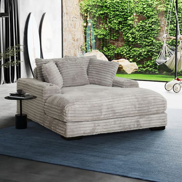 Cocoon Grey Fabric Oversized Chaise Lounge with Cupholder and USBs