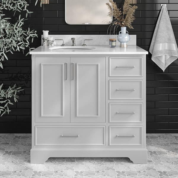 Stafford 36 in. W x 22 in. D x 35.25 in. H Left Single Sink Bath Vanity in Gray with Carrara White Marble Top