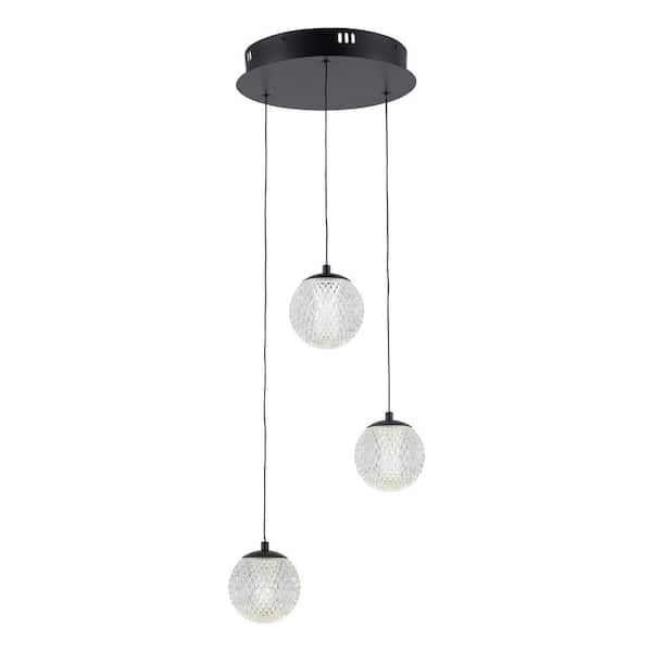 Bel Air Lighting Sunburst 3-Light Black Integrated LED Hanging Chandelier Light Fixture with Acrylic Globe Shades