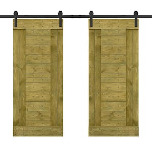 60 in. x 84 in. Jungle Green Stained DIY Knotty Pine Wood Interior Double Sliding Barn Door with Hardware Kit