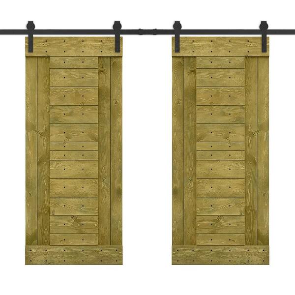 CALHOME 60 in. x 84 in. Jungle Green Stained DIY Knotty Pine Wood Interior Double Sliding Barn Door with Hardware Kit