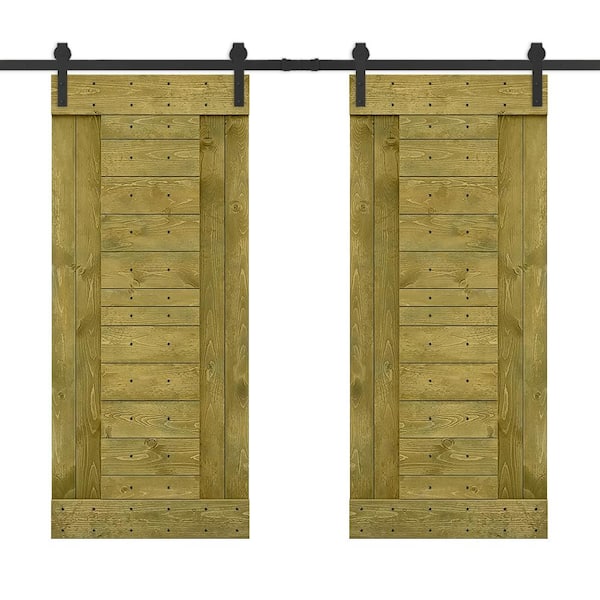 CALHOME 60 in. x 84 in. Jungle Green Stained DIY Knotty Pine Wood Interior Double Sliding Barn Door with Hardware Kit
