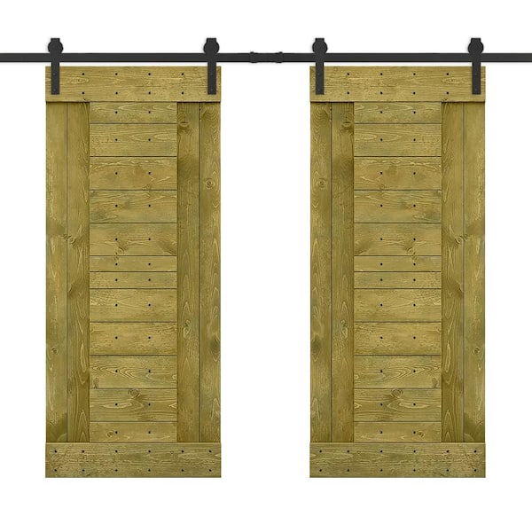 CALHOME 60 in. x 84 in. Jungle Green Stained DIY Knotty Pine Wood Interior Double Sliding Barn Door with Hardware Kit