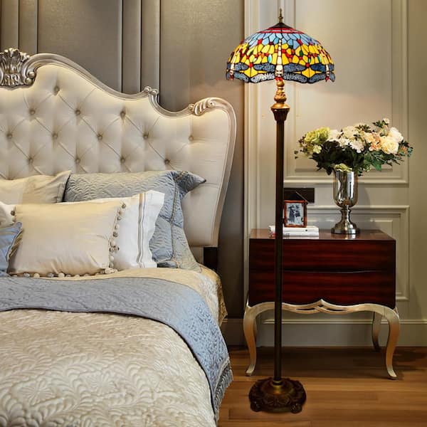 64 in. Tiffany Style Bronze Finish 2-Light Standard Floor Lamp with Multi-Colored Dragonfly Stained Glass Lamp Shade