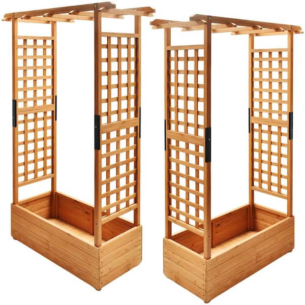 Raised Garden Bed with Trellis, Wood Planter Box with Hanging Roof for Climbing Plant, Outdoor Patio Balcony(2-Packs)