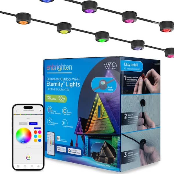Enbrighten 36 Light 50 ft. Outdoor Plug-in Integrated LED Permanent Eave Puck String-Light, Black