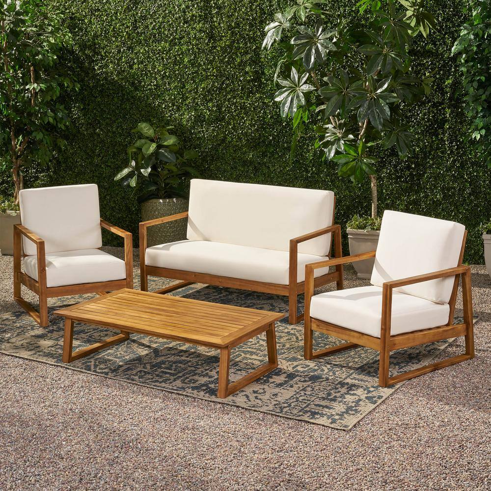 Noble House Belgian Teak Brown 4-Piece Wood Patio Conversation Deep Seating Set with Beige Cushions Noble House Belgian Teak Brown 4-Piece Wood Patio Conversation Deep Seating Set with Beige Cushions - 1