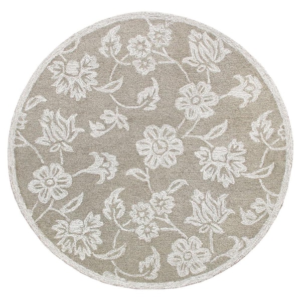 Bella Gray/Ivory 3 ft. Round Eclectic Hand-Tufted Floral 100% Wool Round Area Rug