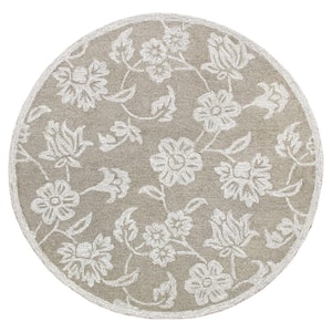 Bella Gray/Ivory 7 ft. 3 in. Round Eclectic Hand-Tufted Floral 100% Wool Round Area Rug