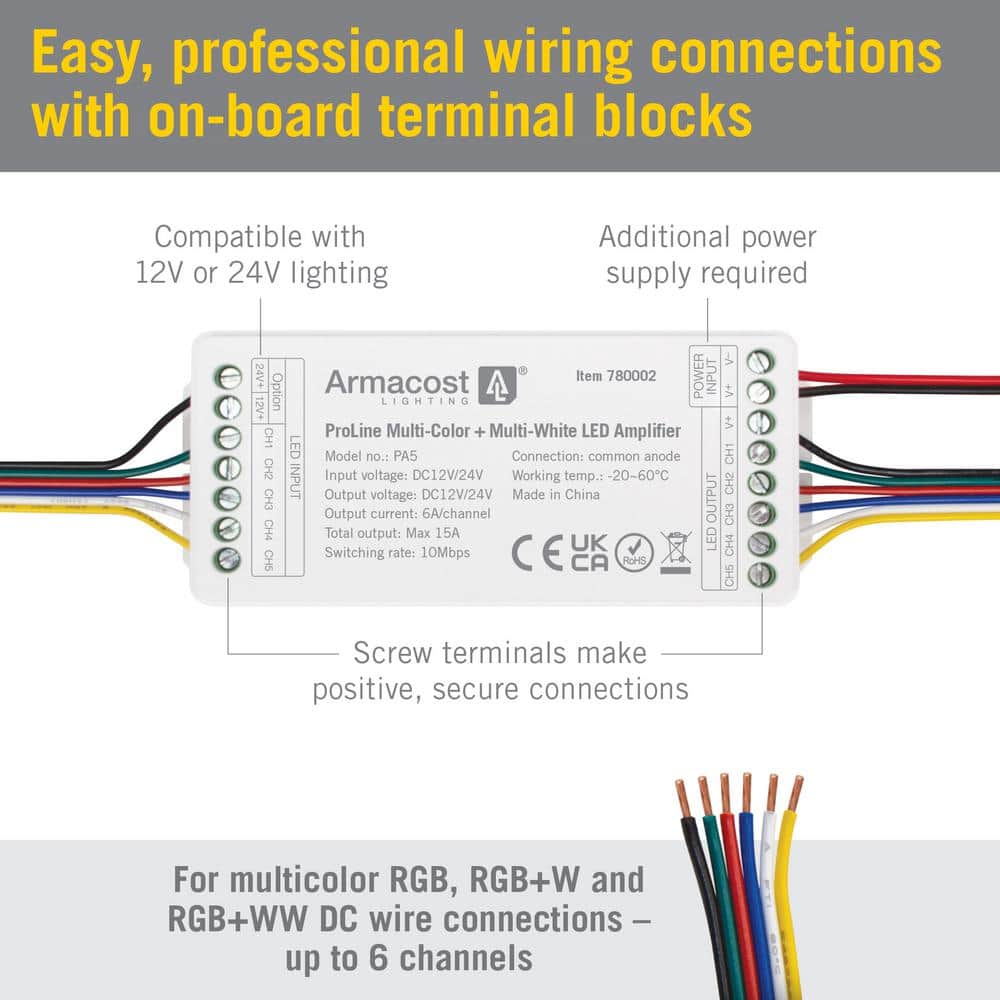 Compact Multicolor RGB+WW LED Amplifier for Strip Lights