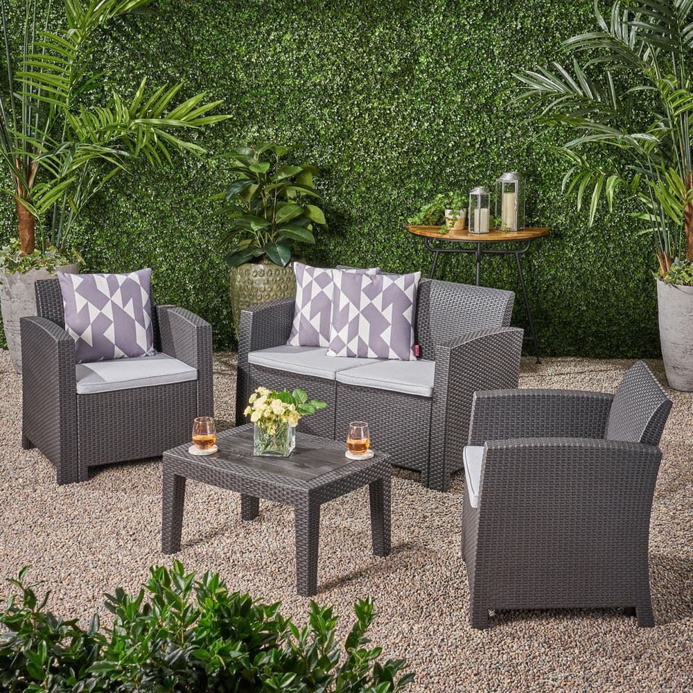 4-Piece Gray Outdoor Faux Wicker Rattan Style Chat Set with Water Resistant