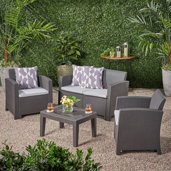 Unbranded 4-Piece Gray Outdoor Faux Wicker Rattan Style Chat Set with Water Resistant Cushions