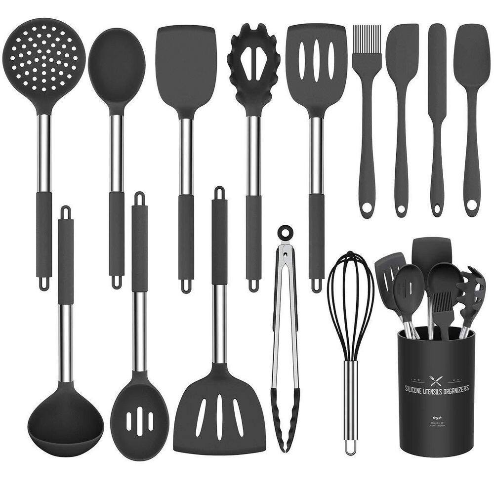 15-Piece Silicone Cooking Kitchen Utensils Set, Non-stick Kitchen Cookware with Stainless Steel Handle, Black