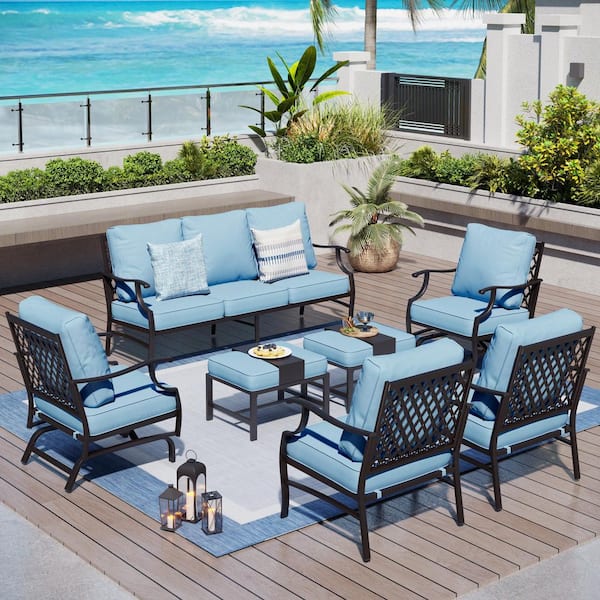 PHI VILLA Black Meshed 9-Seat 7-Piece Metal Outdoor Patio Conversation Set with Blue Cushions, 2 Motion Chairs and 2 Ottomans