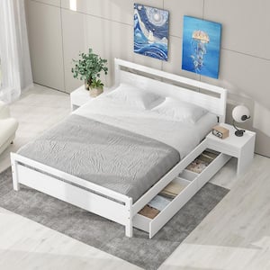 White Wooden Frame Queen Size Platform Bed with 2 Beside Tables and 2-Drawers