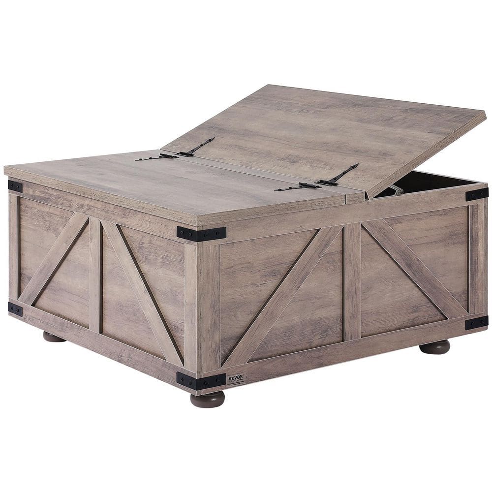 Gray-Brown Wood Square Lift-Top Coffee Table with Storage