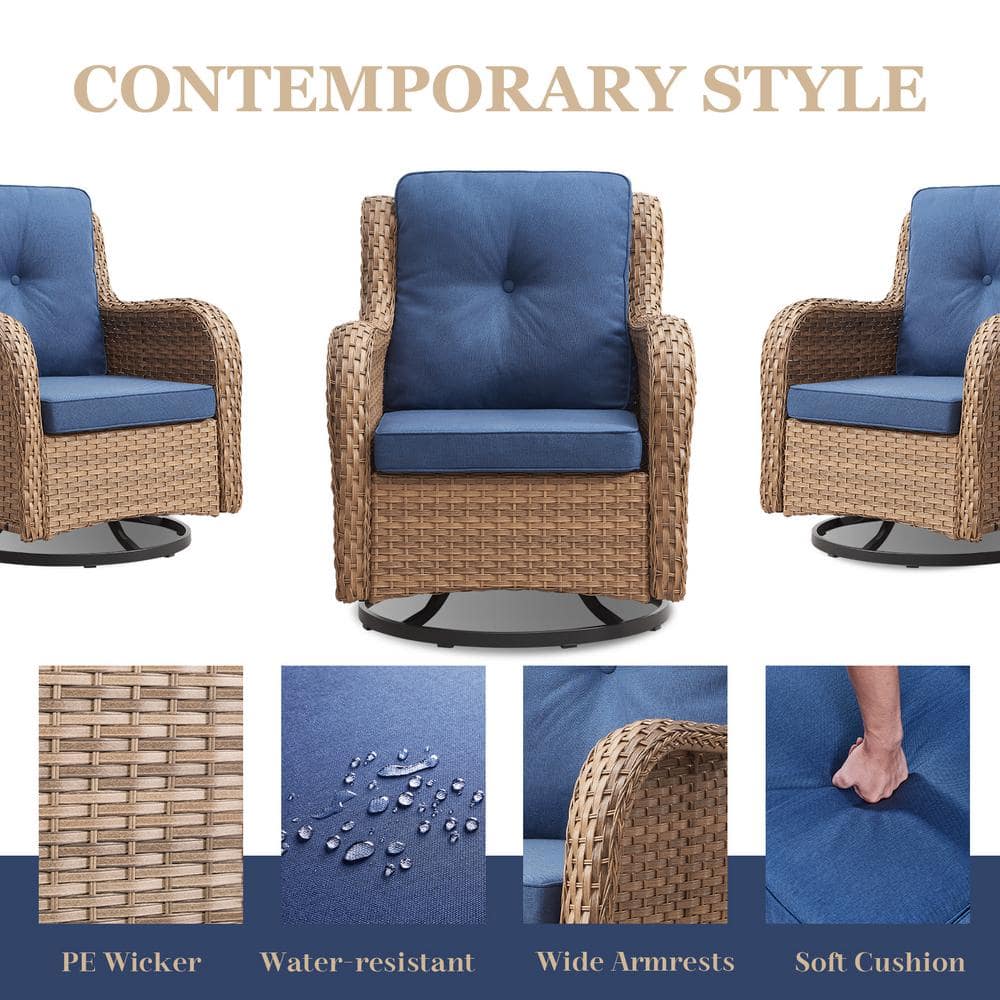 Yellow Wicker Outdoor Rocking Chair with Blue Cushions