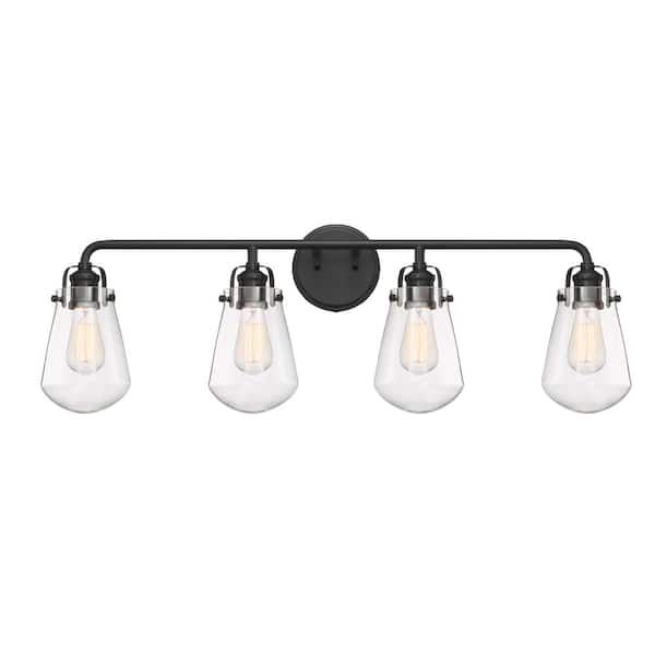 Elliott 32 in. 4-Light Matte Black Industrial Vanity Light with Clear Glass Shades