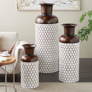 White Tall Trellis Floor Metal Decorative Vase with Brown Trumpet Tops Set of 3