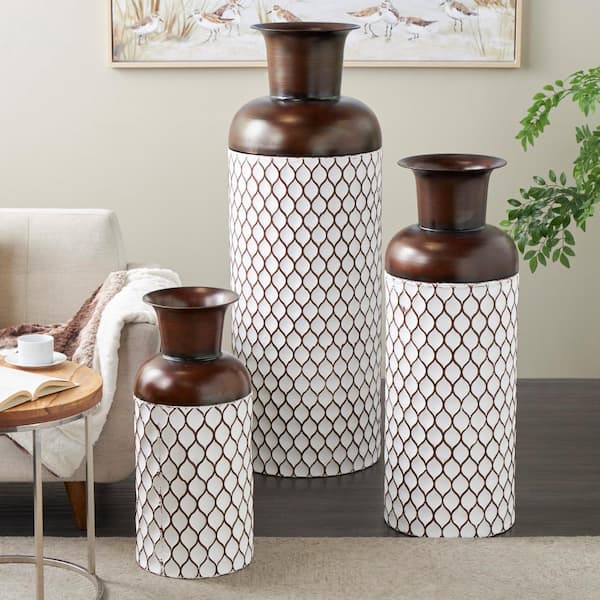 White Tall Trellis Floor Metal Decorative Vase with Brown Trumpet Tops Set of 3